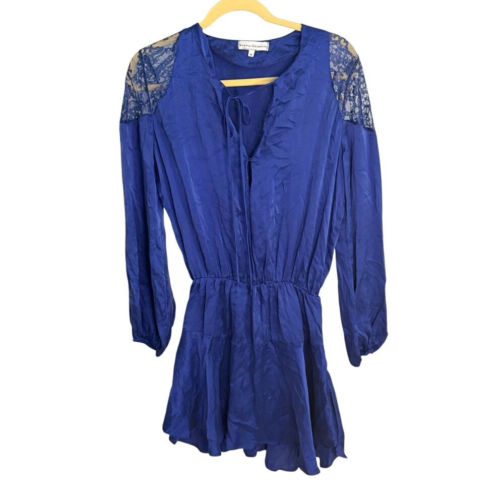 Karina Grimaldi Blue Silk Dress Lace Detail Long Sleeve Women’s Size Medium